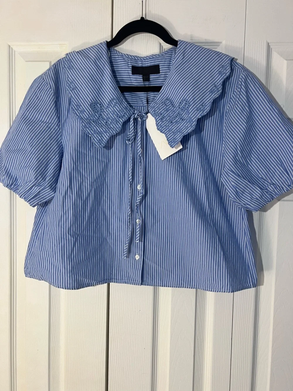 ZARA striped cotton shirt with peter-pan collar and embroidery, Loose fit XS NWT